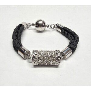 New Braided Black Faux Leather Bracelet Silver Tone Magnetic Clasp Rhinestones